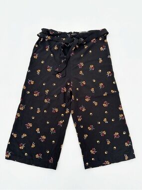 Le Chateau Floral Print Black Front Tie Waist Flowy Crop Wide Leg Pant Size 8